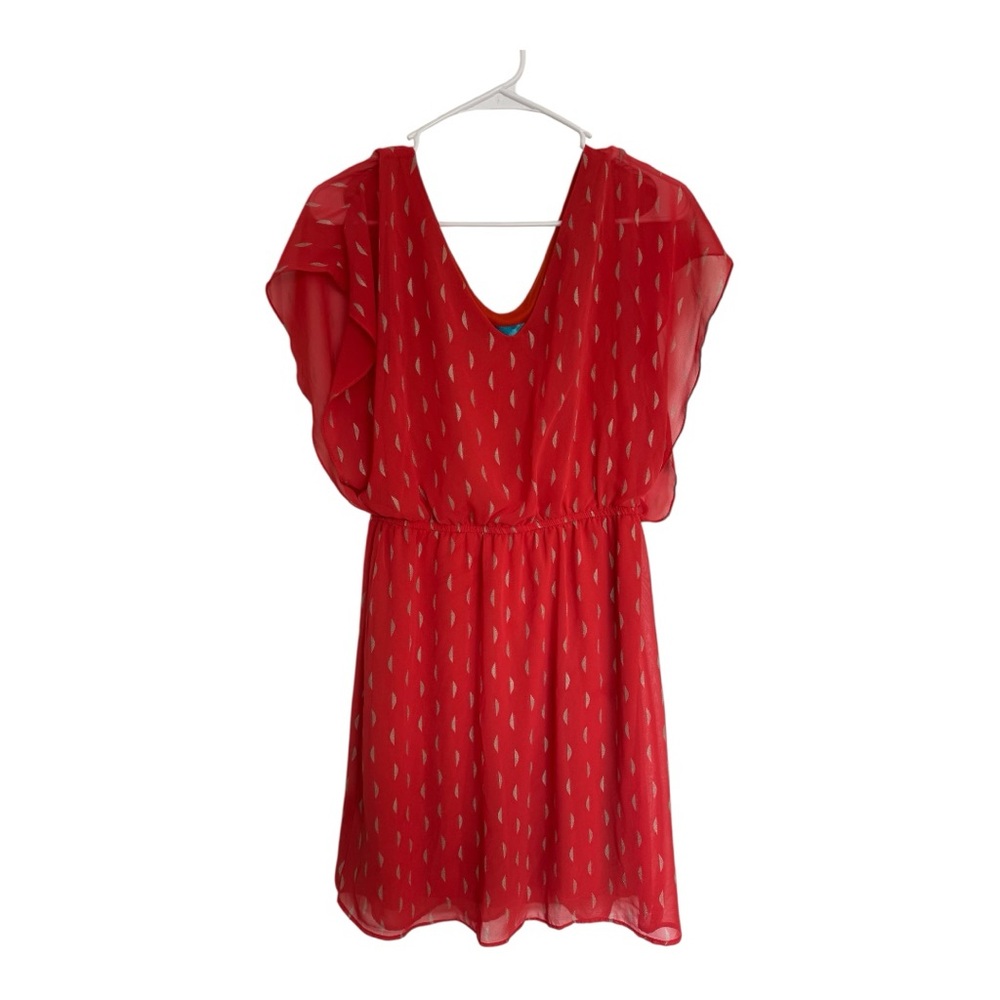 Buttons Burnt Orange Fit & Flare Dress w/ Sheer Gold Overlay